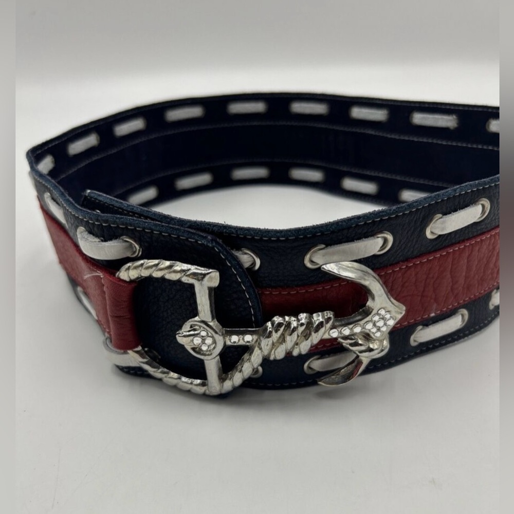 Leatherock 3" Wide Nautical Leather Belt Red White Blue Bling Anchor USA Size 38